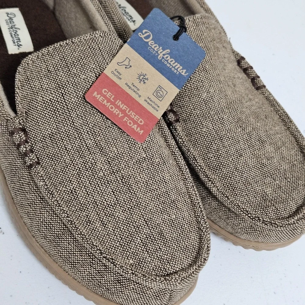 Dearfoams Slippers Mens Small 7-8 Brown Moccasin Gel Memory Foam Cozy Comfort